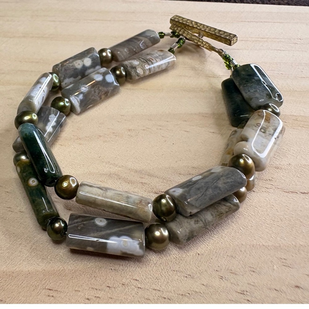 Natural Jasper Stone Double Strand Bracelet Green Grey Rectangular Toggle Clasp